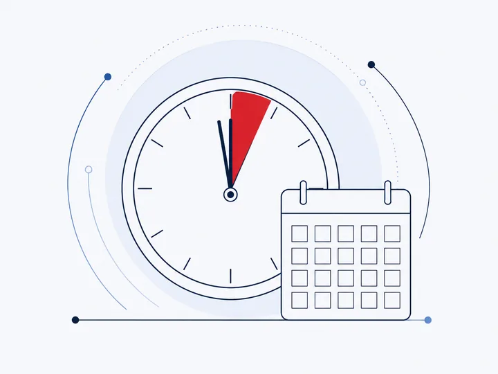 A clock face with a red wedge marking time running out, beside a calendar