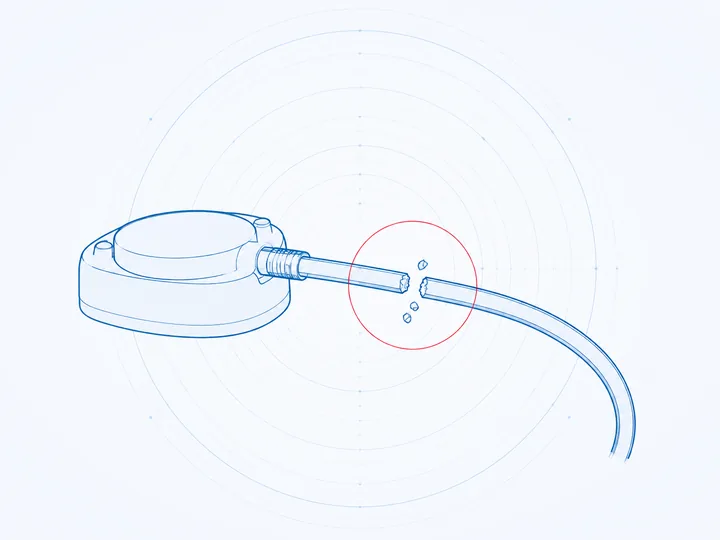 Cross-section diagram of an implanted port catheter with a fractured tube
