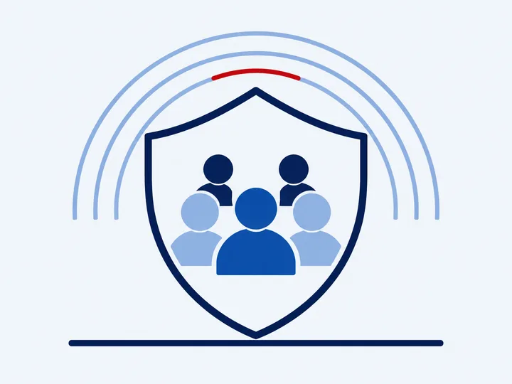 A shield enclosing a group of abstract figures