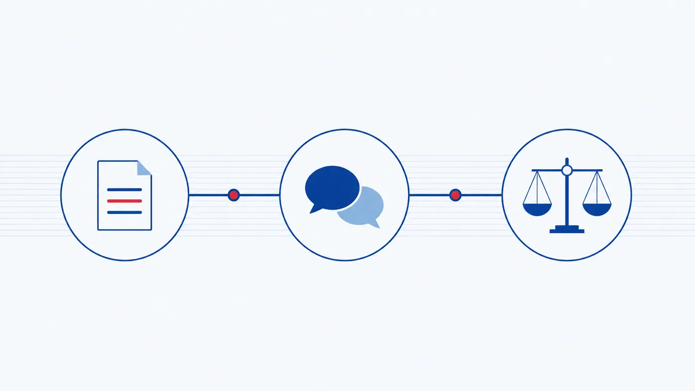 Three linked stages: a form, a conversation, and a balance scale