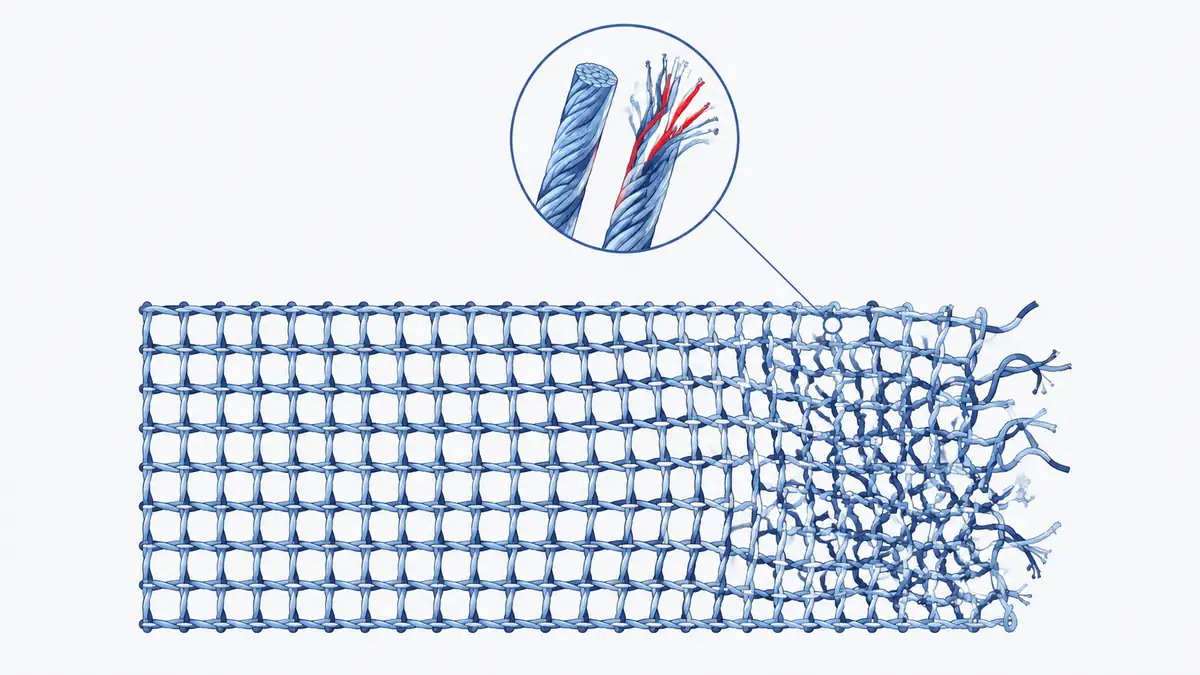 Materials diagram of a woven surgical mesh swatch contracting and fraying from left to right, with a magnified inset of a split filament