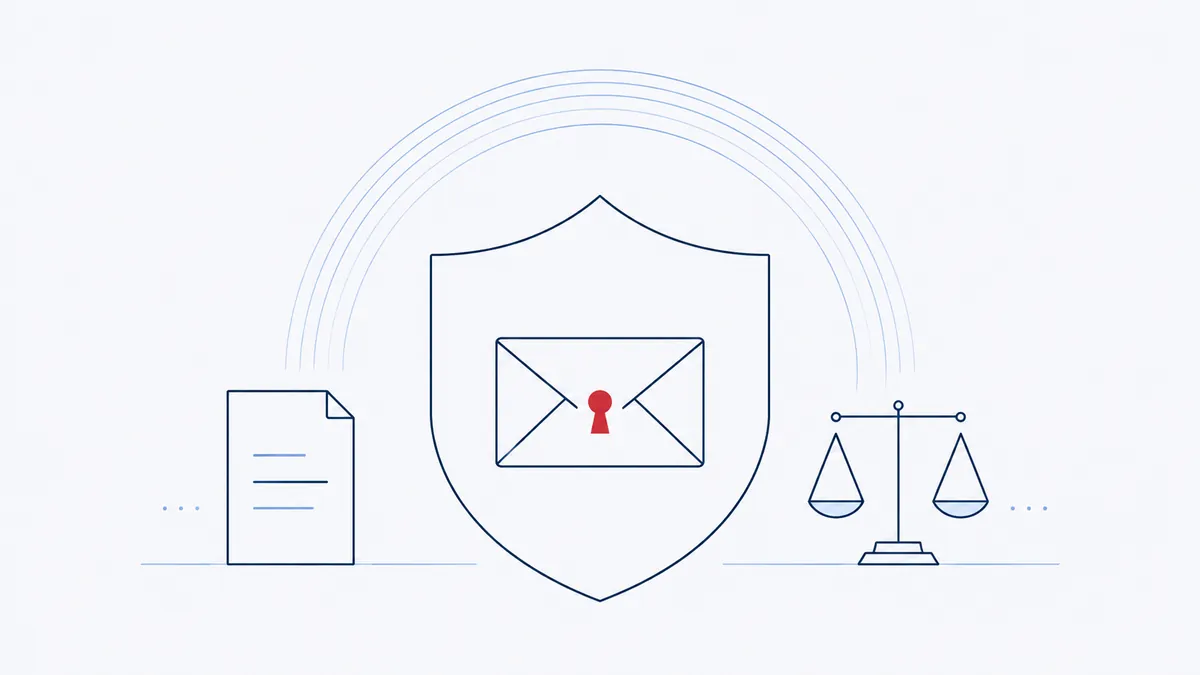 Illustration of a shield containing a sealed envelope with a keyhole, flanked by a document and a balance scale