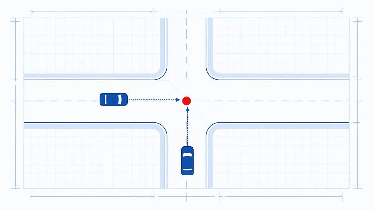 Overhead accident-reconstruction diagram of two simplified vehicles approaching an intersection, with the point of impact marked