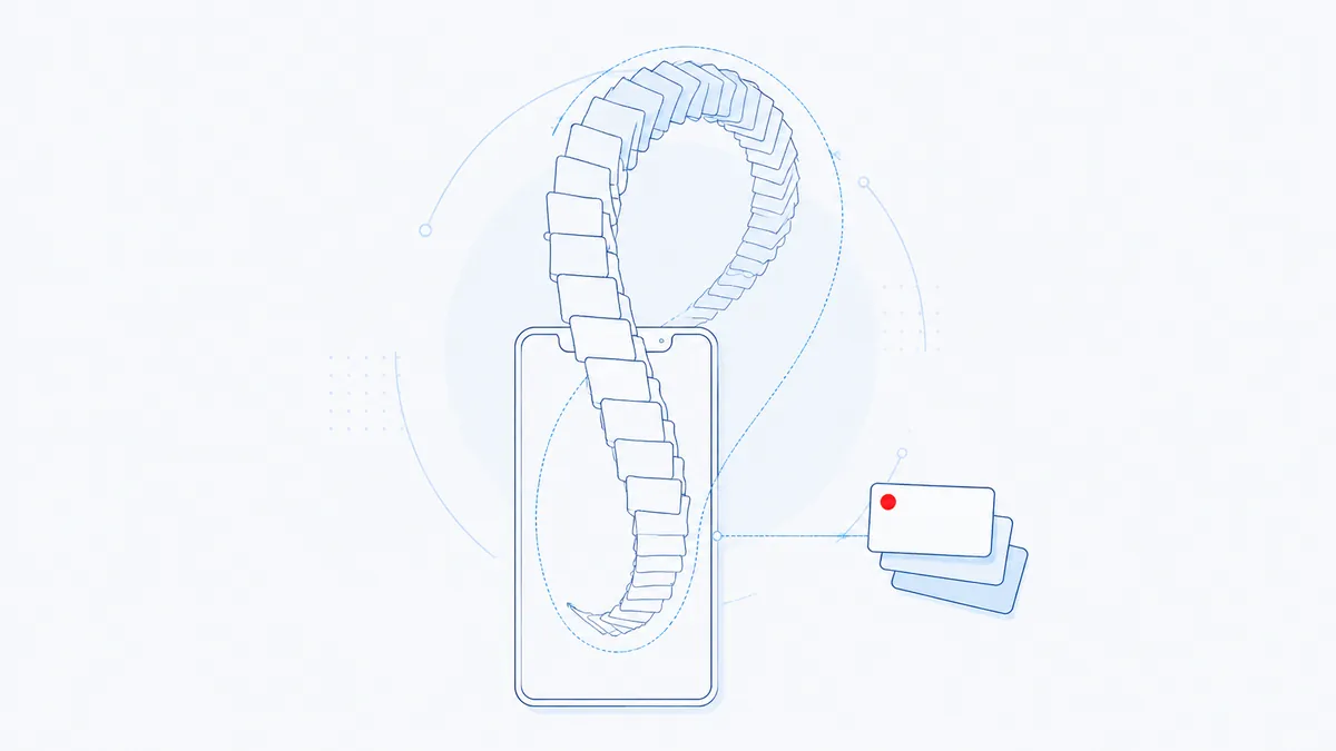 Diagram of a smartphone with a ribbon of content cards looping endlessly back into the screen, beside a fan of notifications
