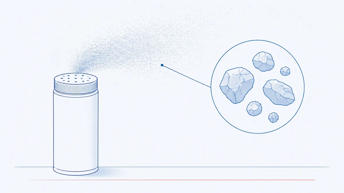 Diagram of a talc powder container releasing a cloud of fine particles, with a magnified inset showing individual particles